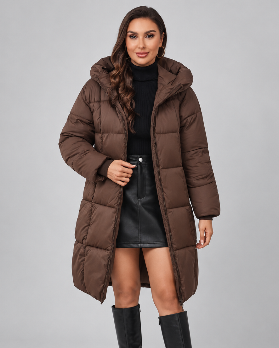 Women's Long Puffer Coat with Hood and Zip Front