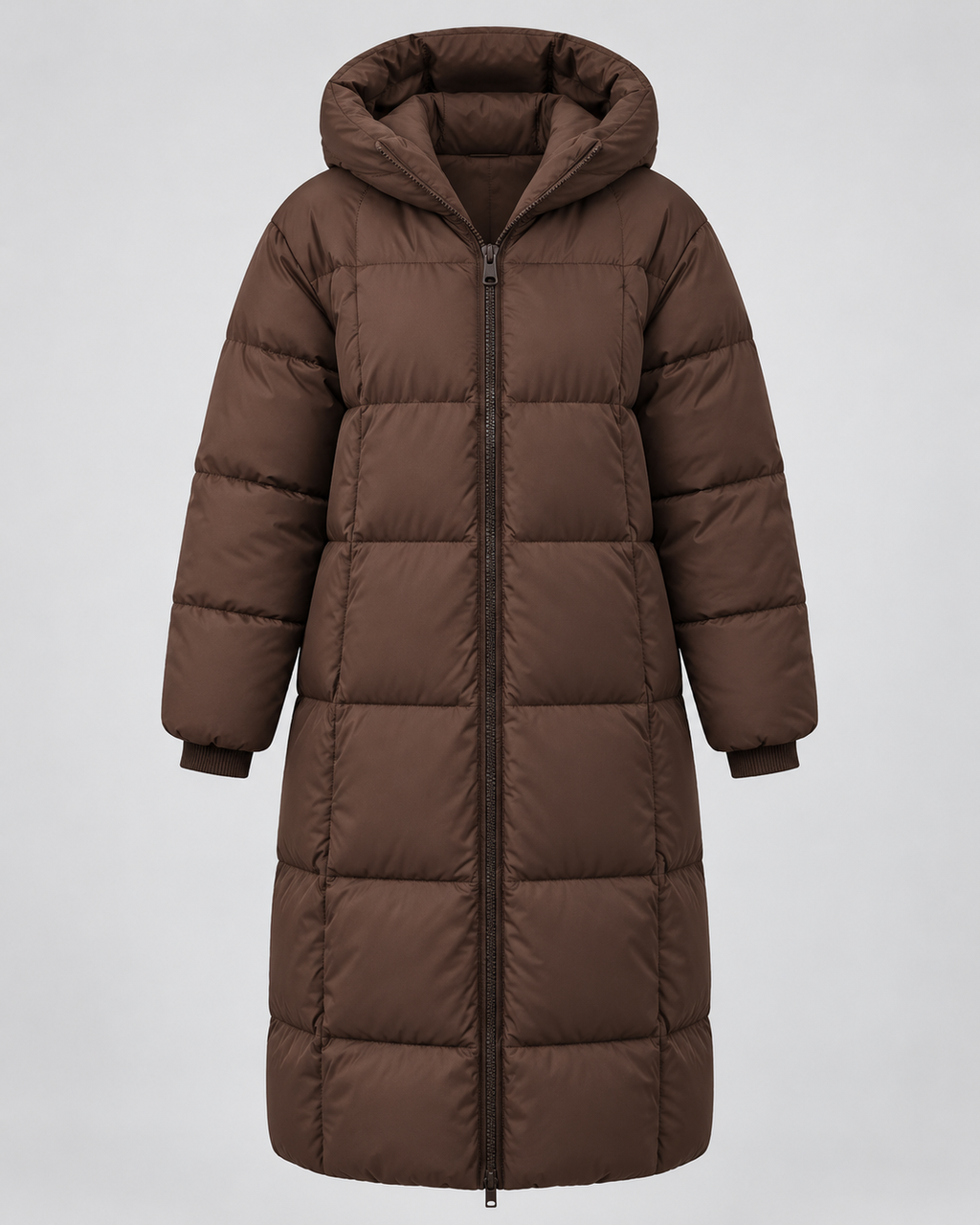 Women's Long Puffer Coat with Hood and Zip Front