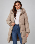 Women's Long Puffer Coat with Hood and Zip Front