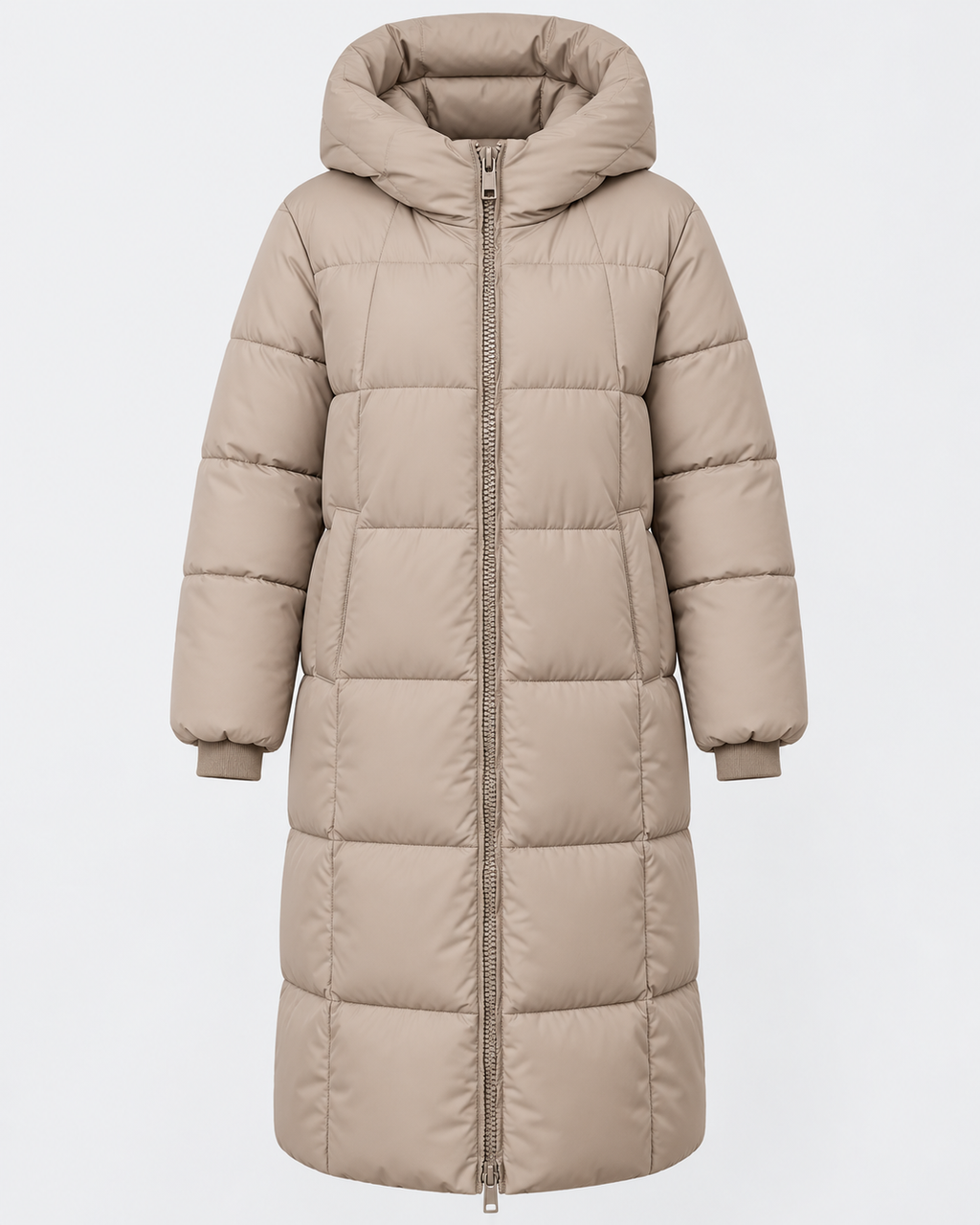 Women's Long Puffer Coat with Hood and Zip Front