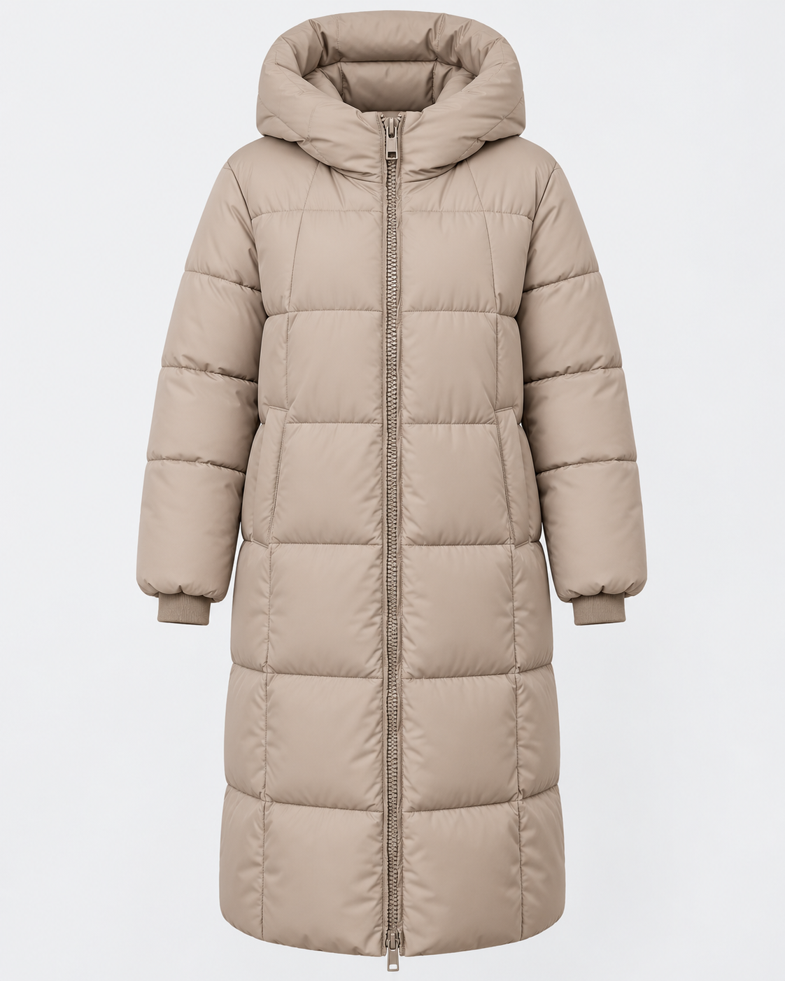 Women's Long Puffer Coat with Hood and Zip Front