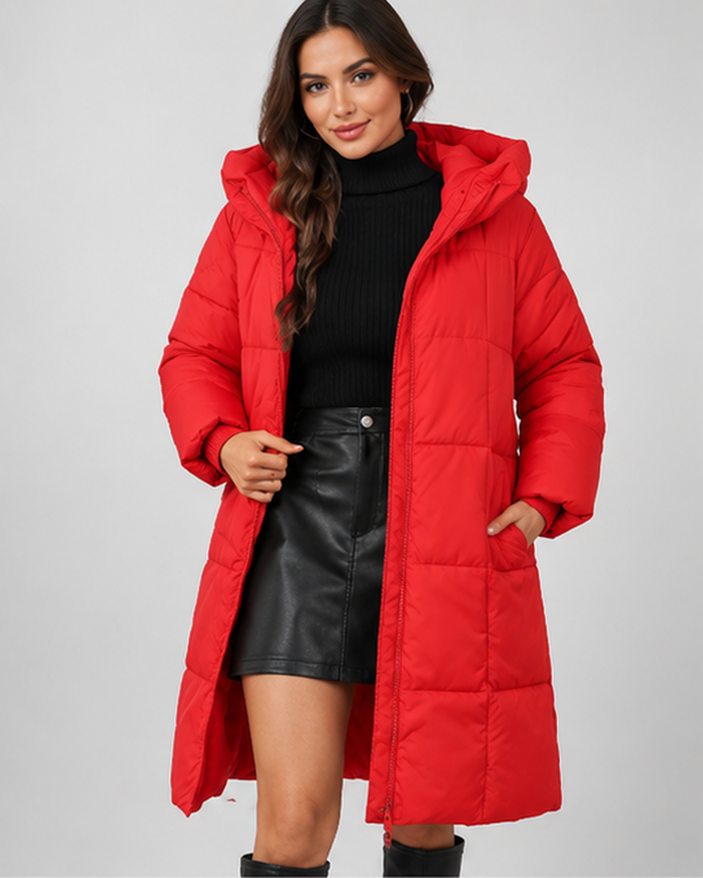 Women's Long Puffer Coat with Hood and Zip Front