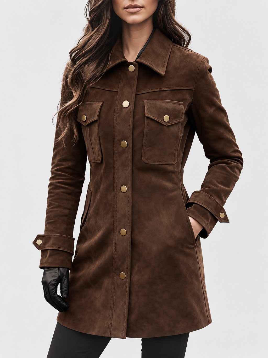 Women's Suede Look Shirt Jacket with Flap Chest Pockets and Button Front in Dark Brown – Front View