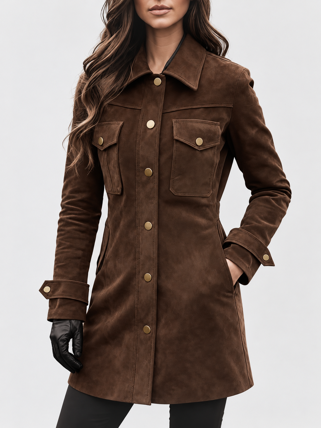 Women's Suede Look Shirt Jacket with Flap Chest Pockets and Button Front in Dark Brown – Front View