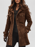 Women's Suede Look Shirt Jacket with Flap Chest Pockets and Button Front in Dark Brown – Front View 2