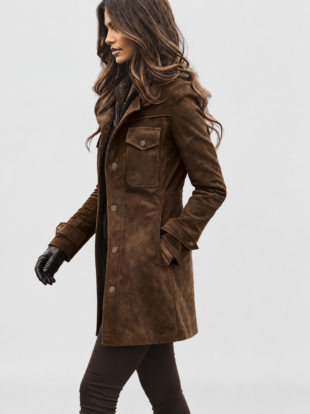 Women's Suede Look Shirt Jacket with Flap Chest Pockets and Button Front in Dark Brown – Side View