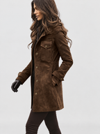 Women's Suede Look Shirt Jacket with Flap Chest Pockets and Button Front in Dark Brown – Side View