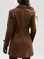 Women's Suede Look Shirt Jacket with Flap Chest Pockets and Button Front in Dark Brown – Back View