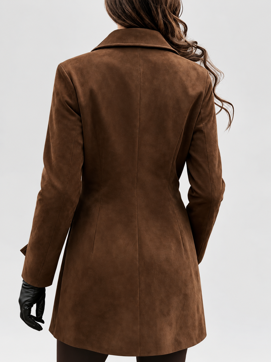 Women's Suede Look Shirt Jacket with Flap Chest Pockets and Button Front in Dark Brown – Back View