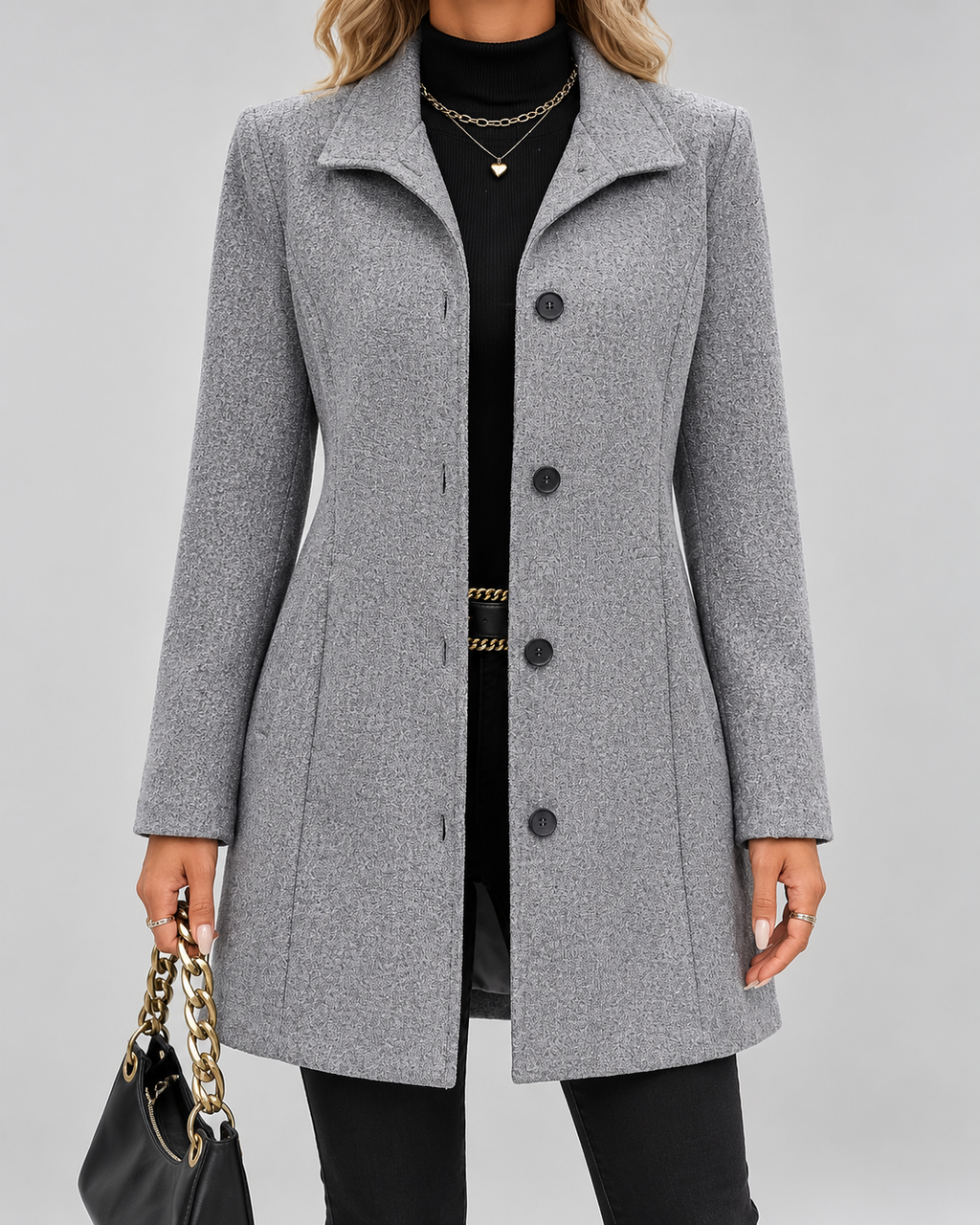 Grey fit and flare wool blend coat front