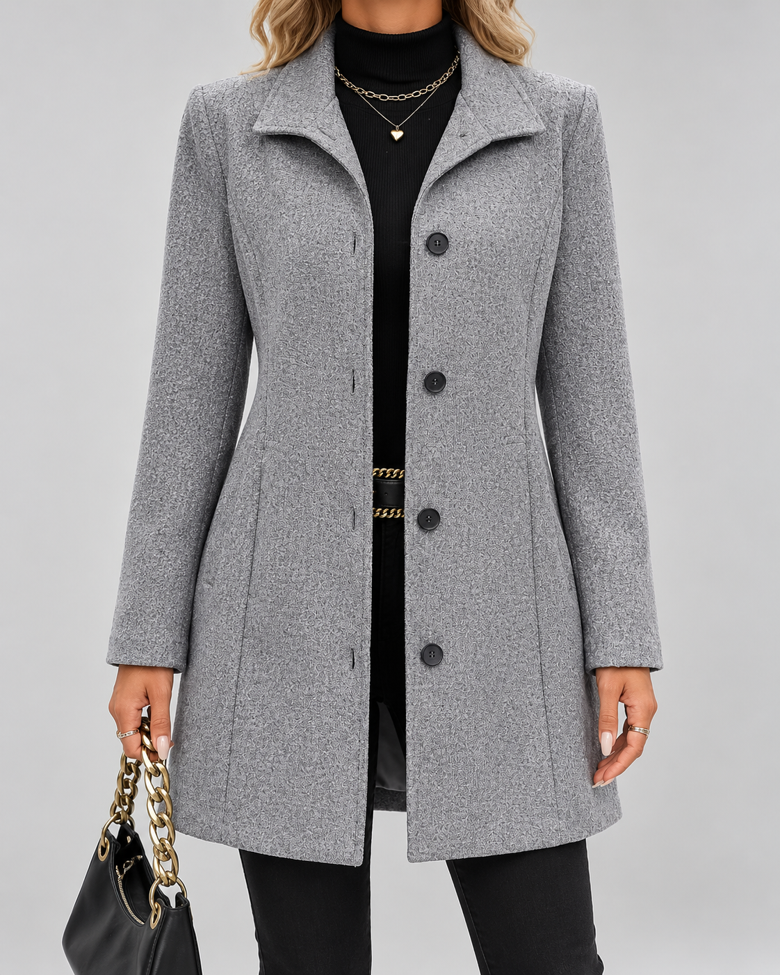 Grey fit and flare wool blend coat front