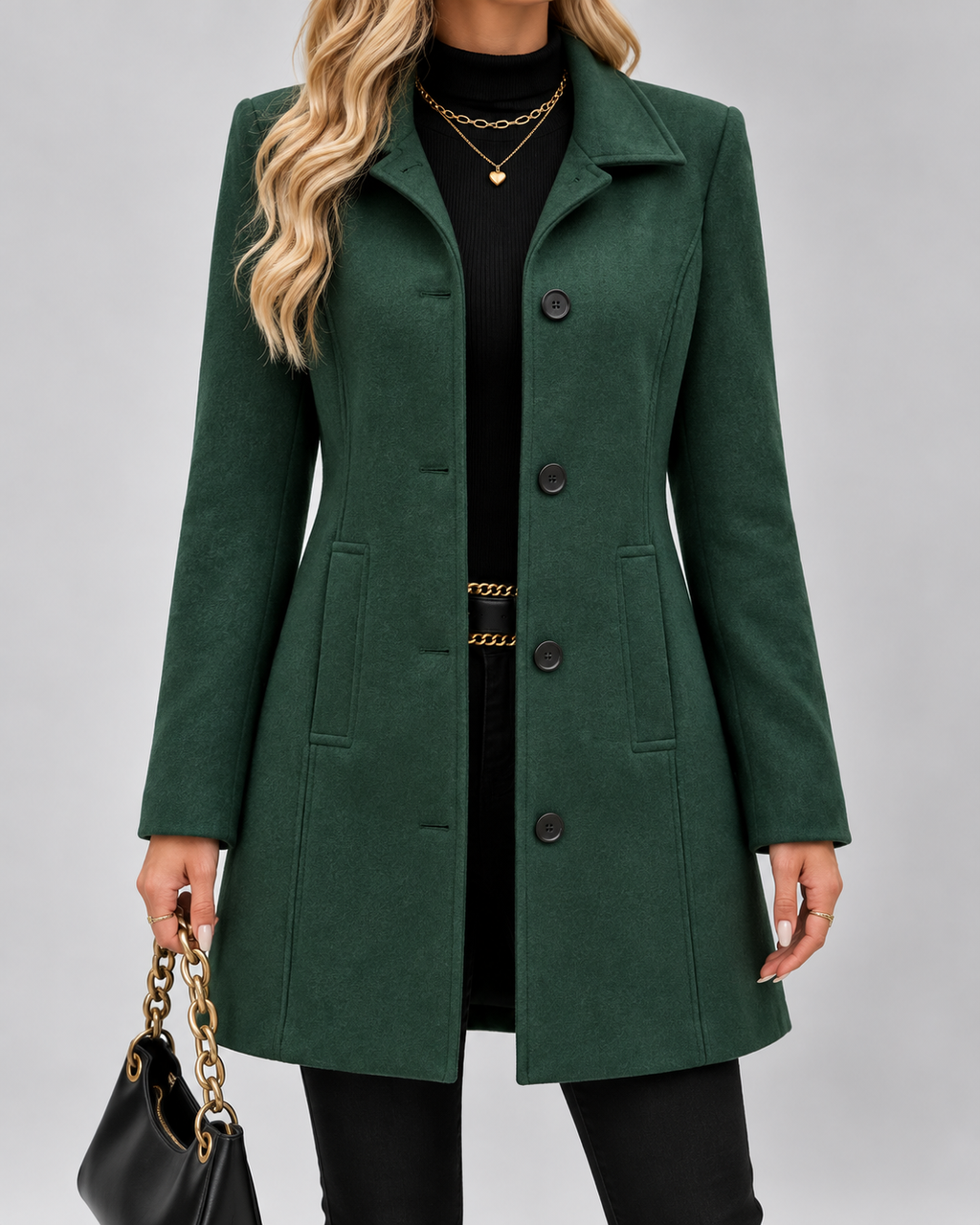 Women's Long Tailored Coat with Stand Up Collar and Button Front