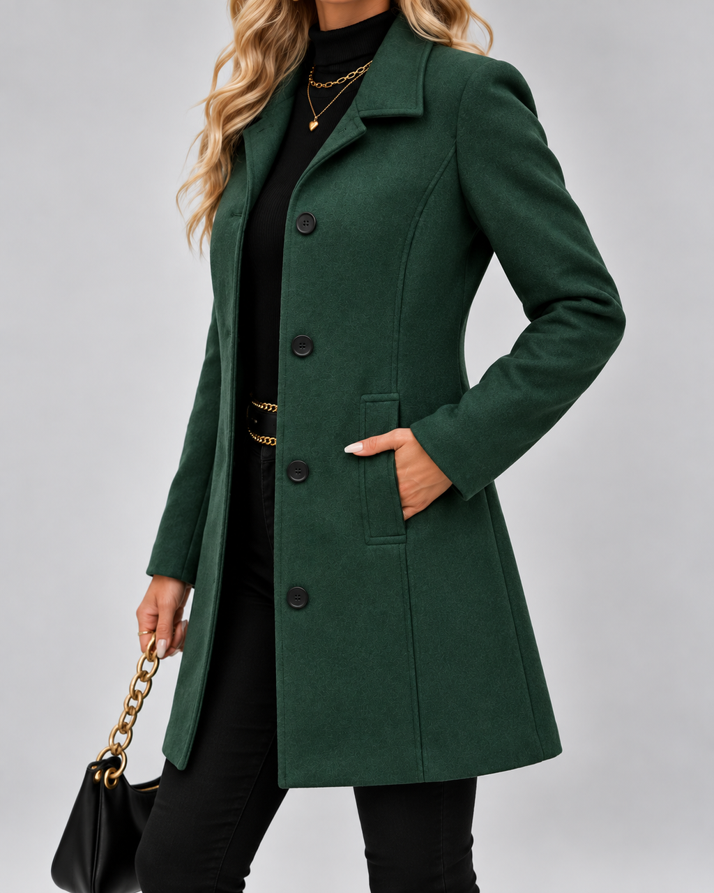 Women's Long Tailored Coat with Stand Up Collar and Button Front