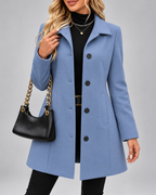 Women's Long Tailored Coat with Stand Up Collar and Button Front