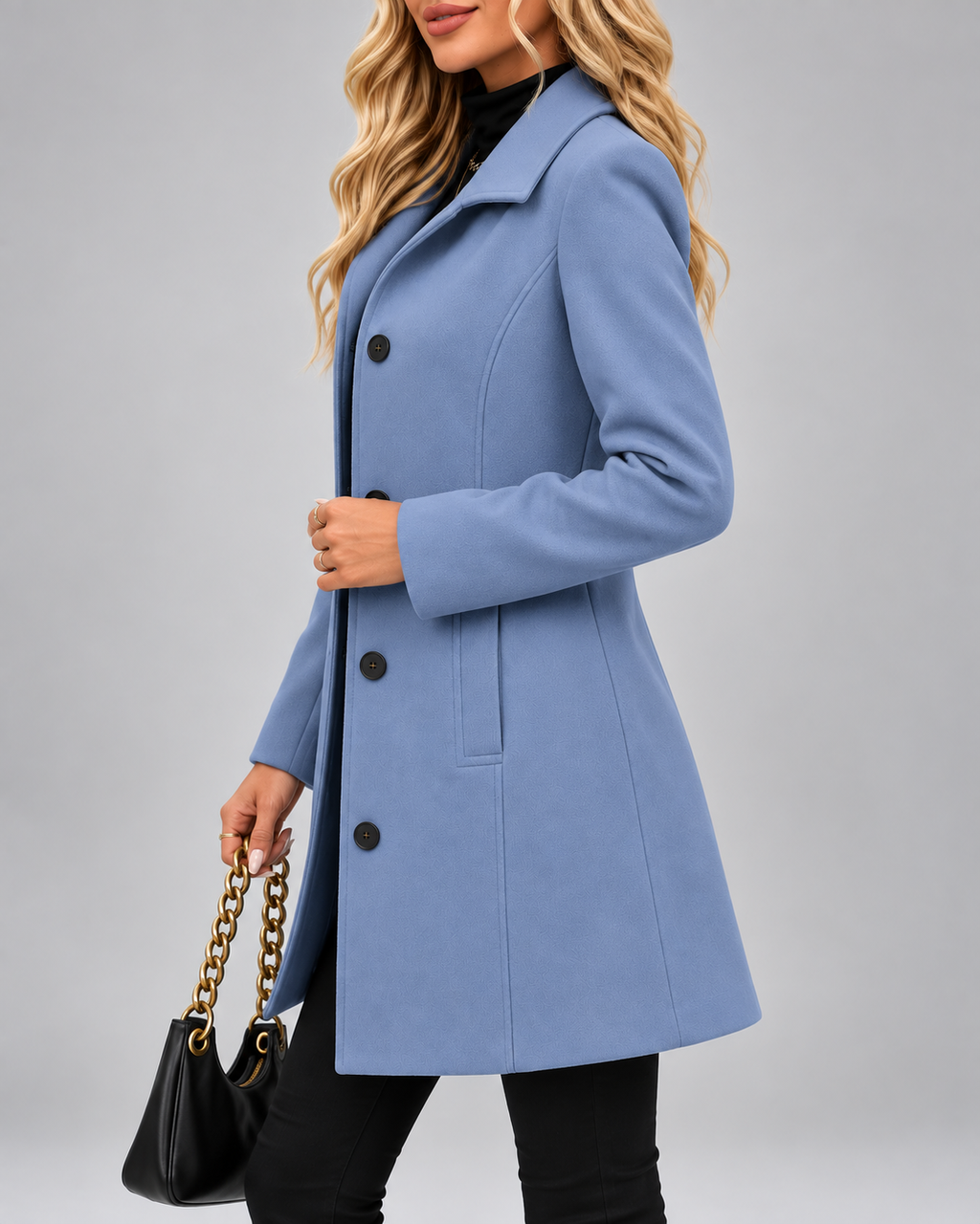 Women's Long Tailored Coat with Stand Up Collar and Button Front