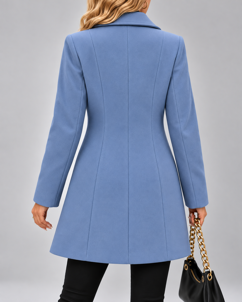 Women's Long Tailored Coat with Stand Up Collar and Button Front