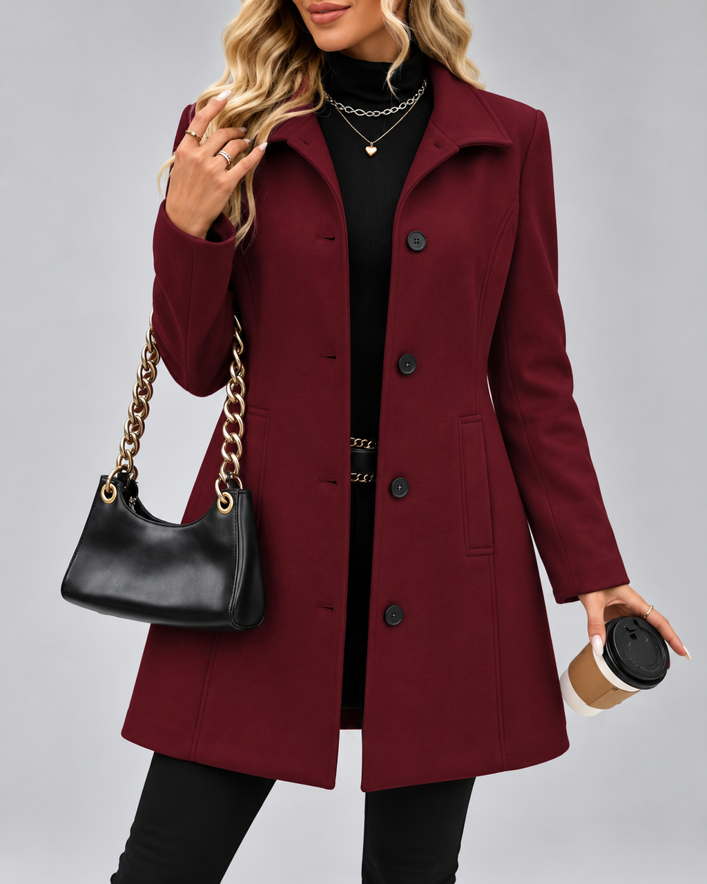 Women's Long Tailored Coat with Stand Up Collar and Button Front