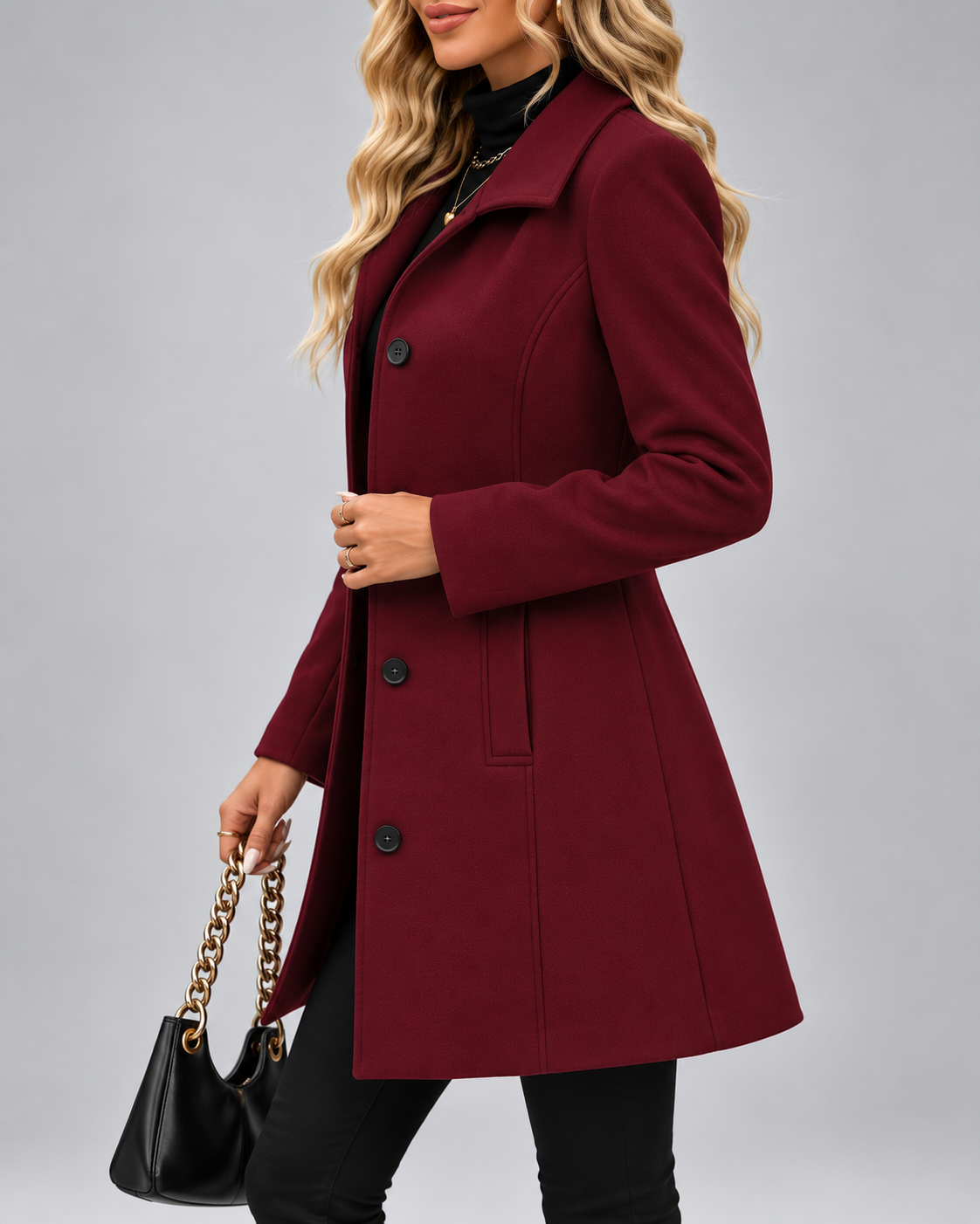 Women's Long Tailored Coat with Stand Up Collar and Button Front