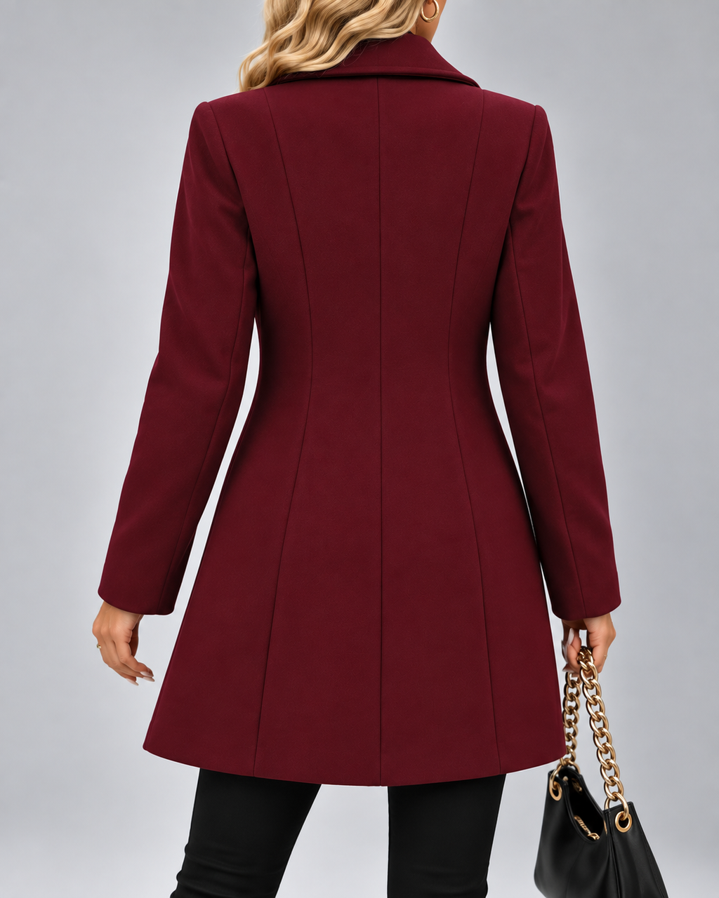 Women's Long Tailored Coat with Stand Up Collar and Button Front