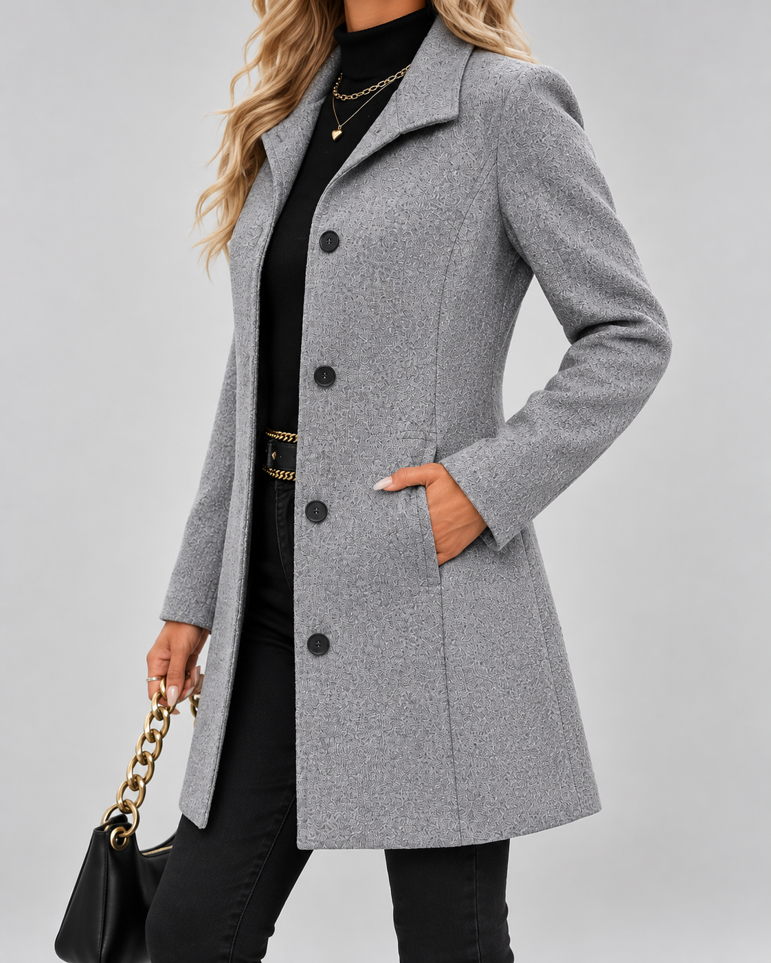 Grey fit and flare wool blend coat pocket detail
