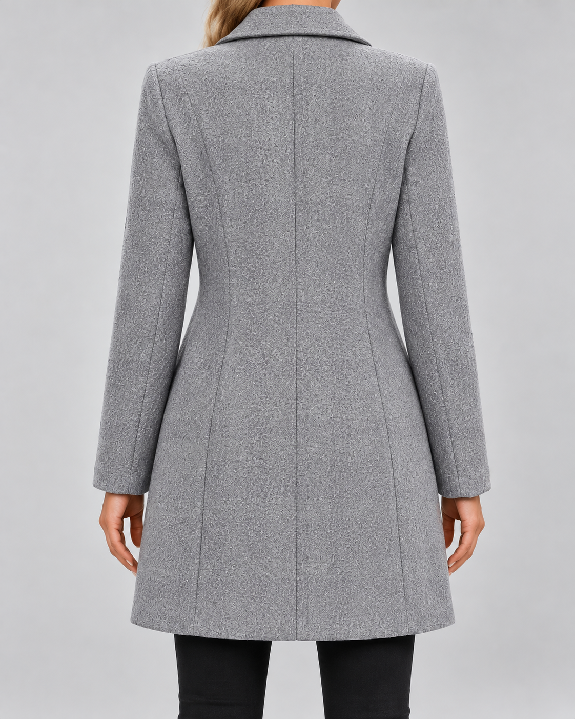 Grey fit and flare wool blend coat back