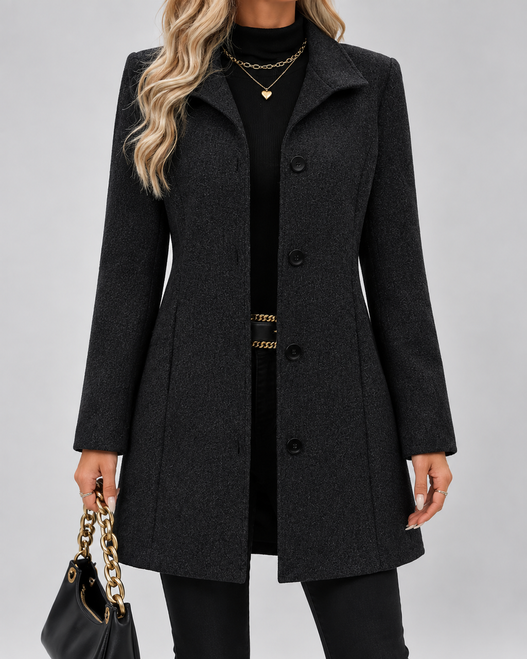 Black fit and flare wool blend coat front