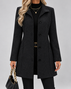 Black fit and flare wool blend coat front