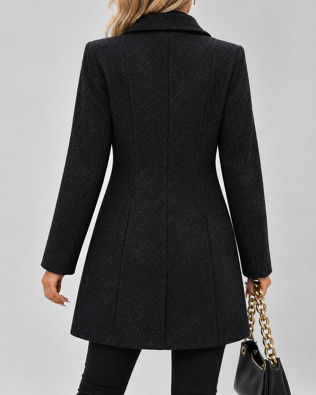 Black fit and flare wool blend coat back