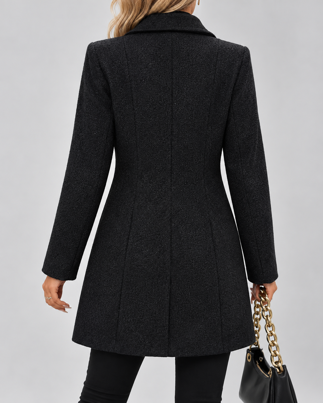 Black fit and flare wool blend coat back