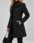 Black fit and flare wool blend coat pocket detail