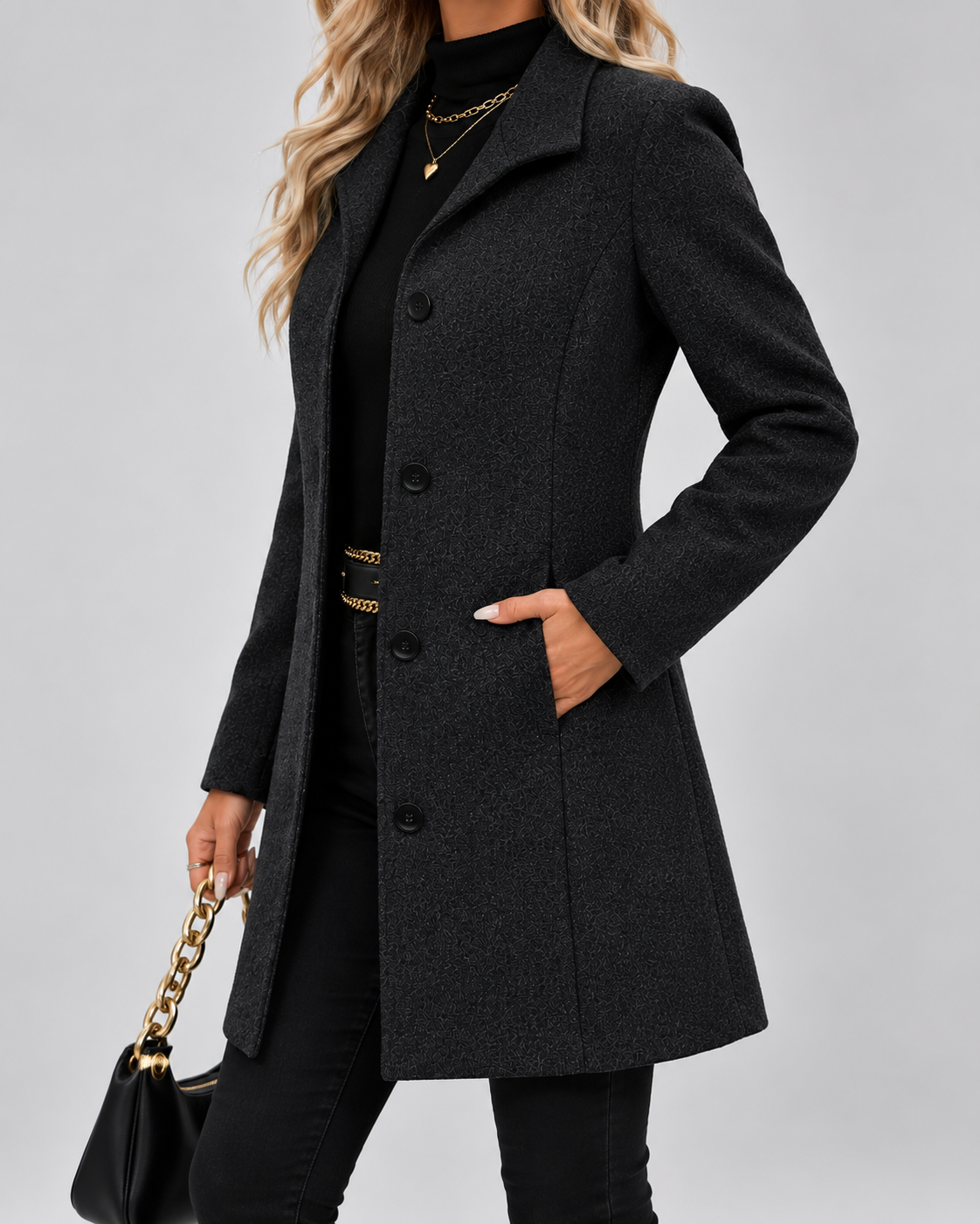Black fit and flare wool blend coat pocket detail