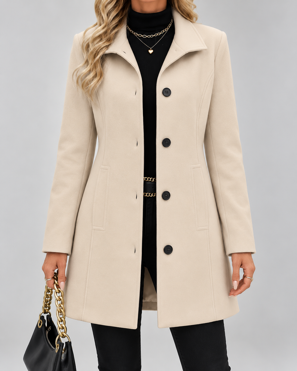 Cream fit and flare wool blend coat front