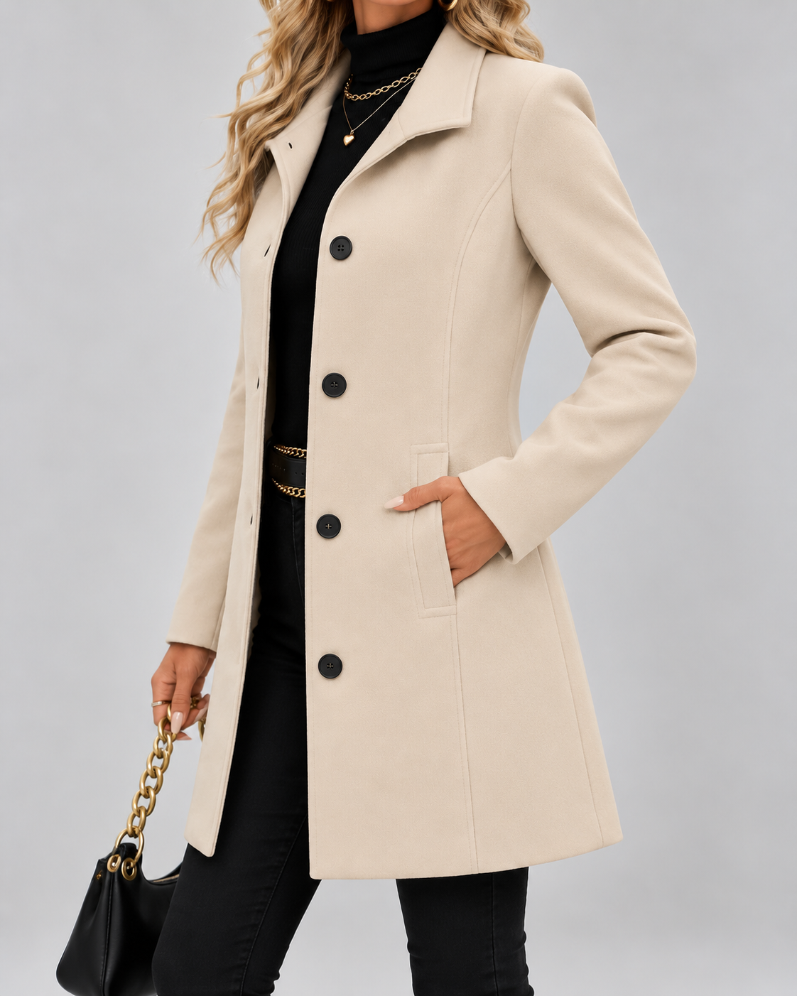 Cream fit and flare wool blend coat pocket detail