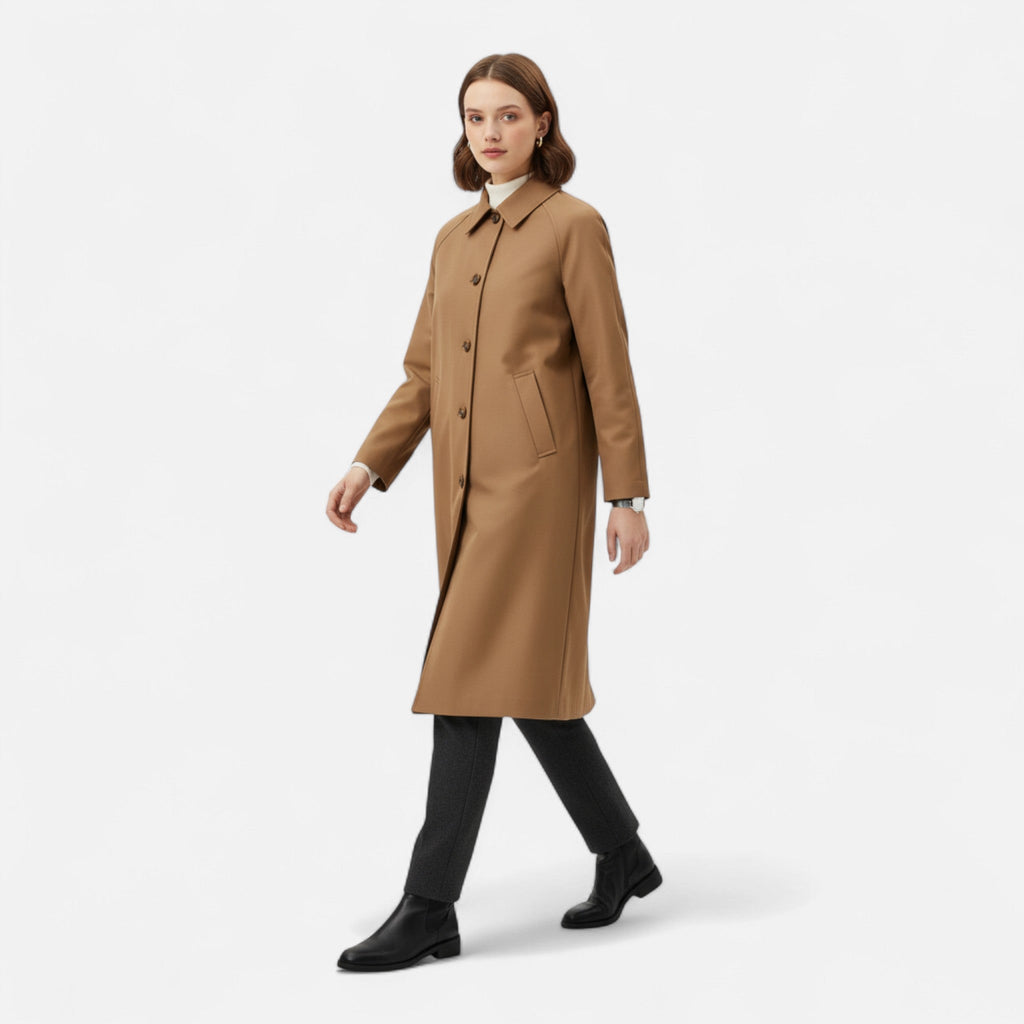 Women's Long Trench Coat with Collar and Single Breasted Front