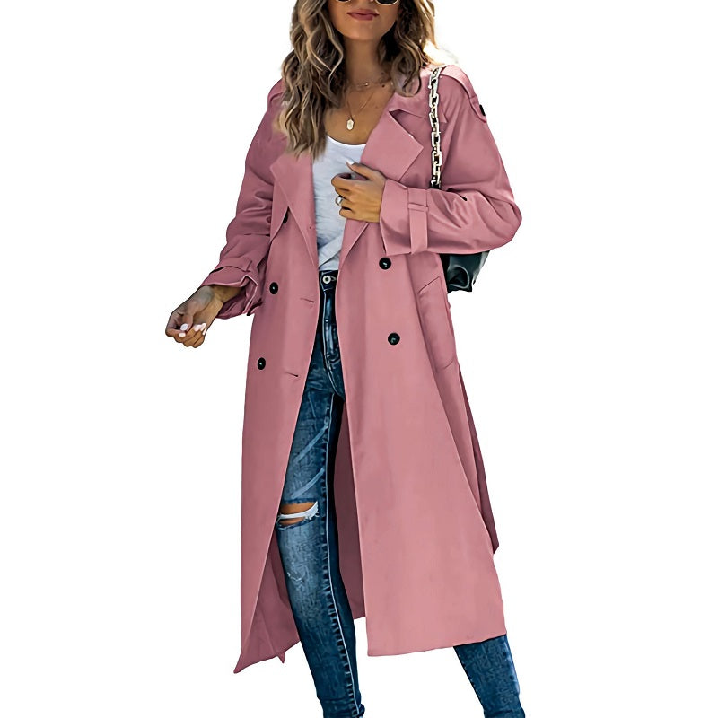 Women's Long Double Breasted Trench Coat with Lapel Collar