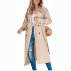 Women's Long Double Breasted Trench Coat with Lapel Collar