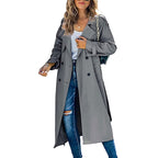 Women's Long Double Breasted Trench Coat with Lapel Collar