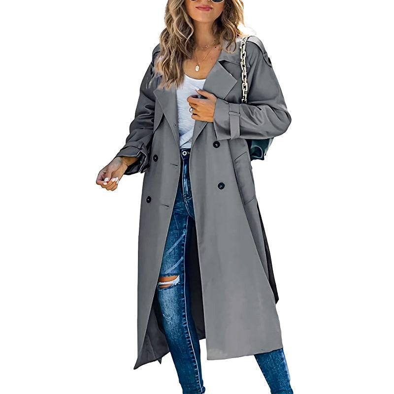 Women's Long Double Breasted Trench Coat with Lapel Collar