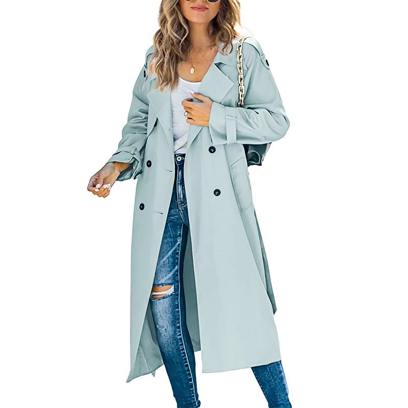 Women's Long Double Breasted Trench Coat with Lapel Collar