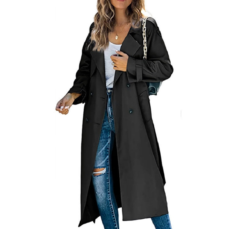 Women's Long Double Breasted Trench Coat with Lapel Collar
