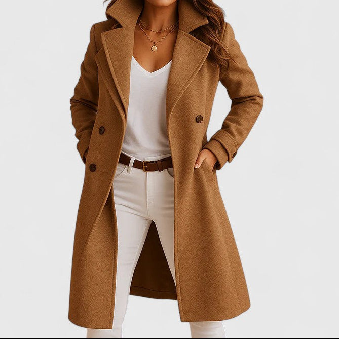 Women's Long Wool Look Coat with Double Breasted Front