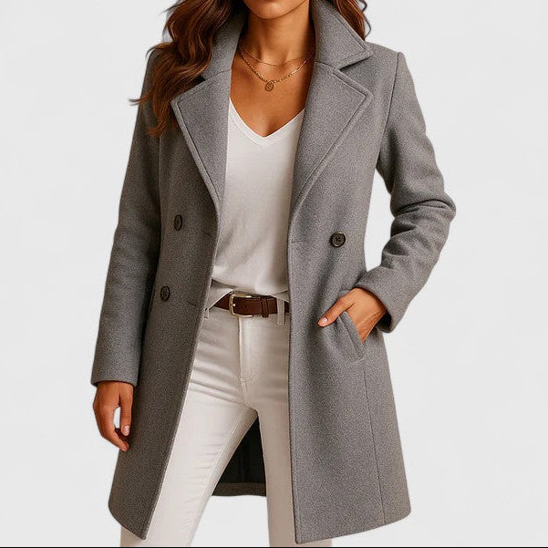 Women's Long Wool Look Coat with Double Breasted Front