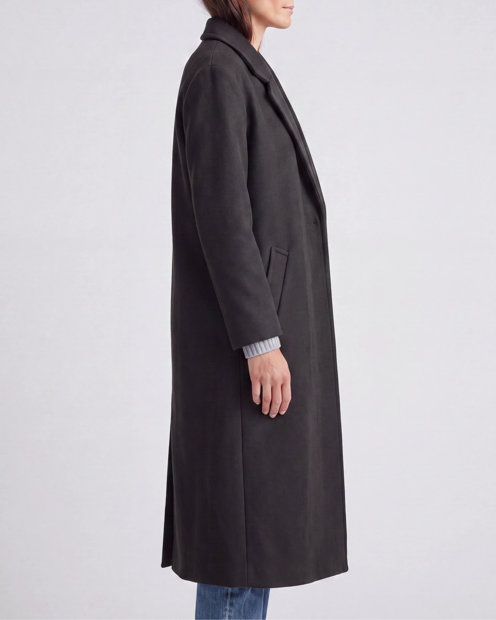 Women's Long Wool Look Coat with Lapel Collar and Button Front