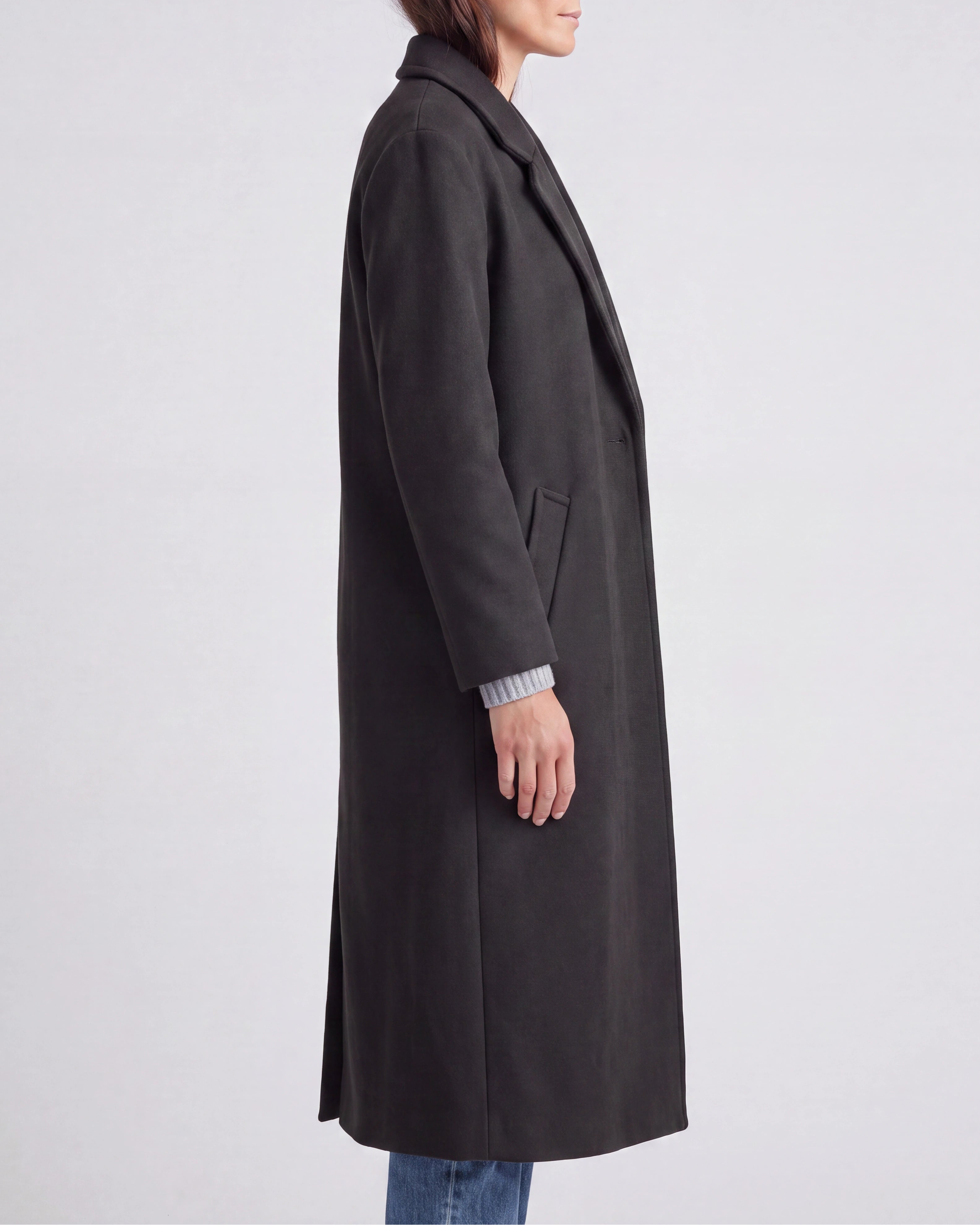 Women's Long Wool Look Coat with Lapel Collar and Button Front