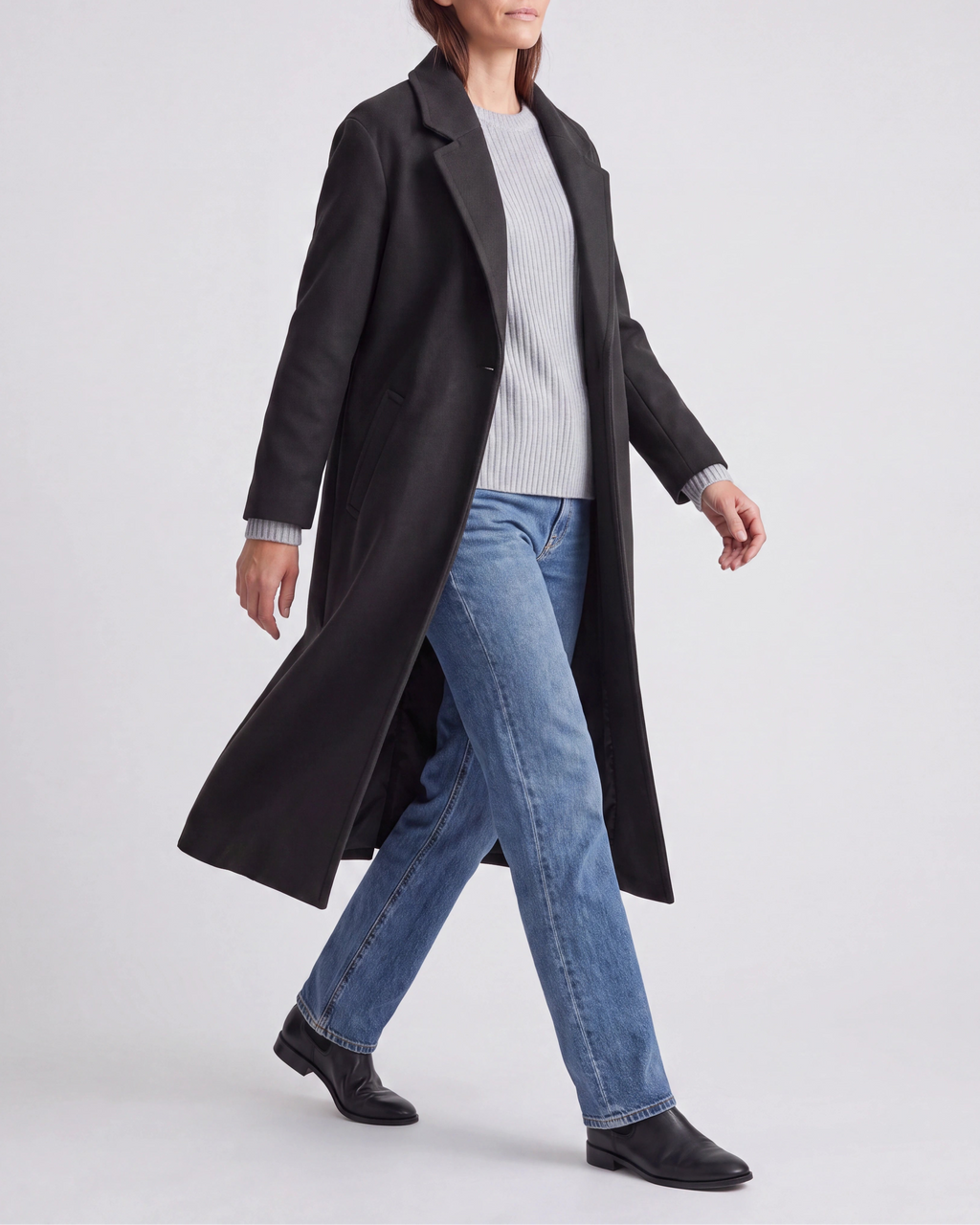 Women's Long Wool Look Coat with Lapel Collar and Button Front