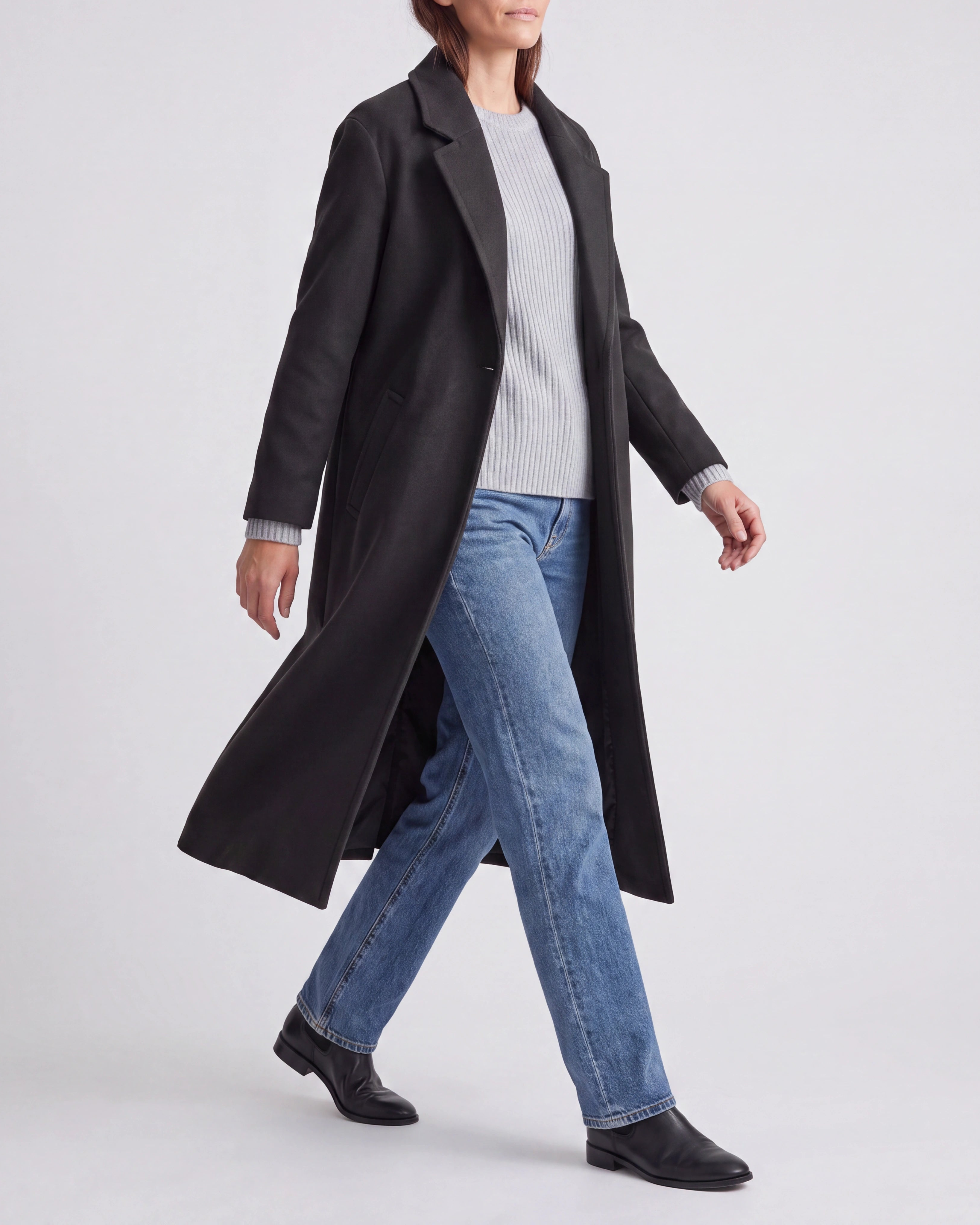 Women's Long Wool Look Coat with Lapel Collar and Button Front
