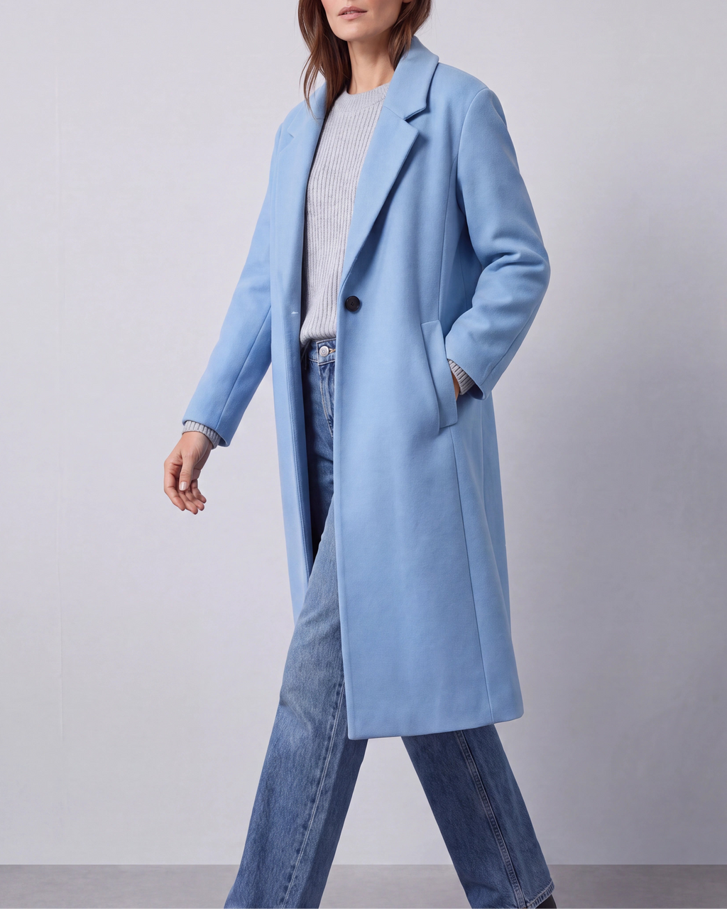 Women's Long Wool Look Coat with Lapel Collar and Button Front