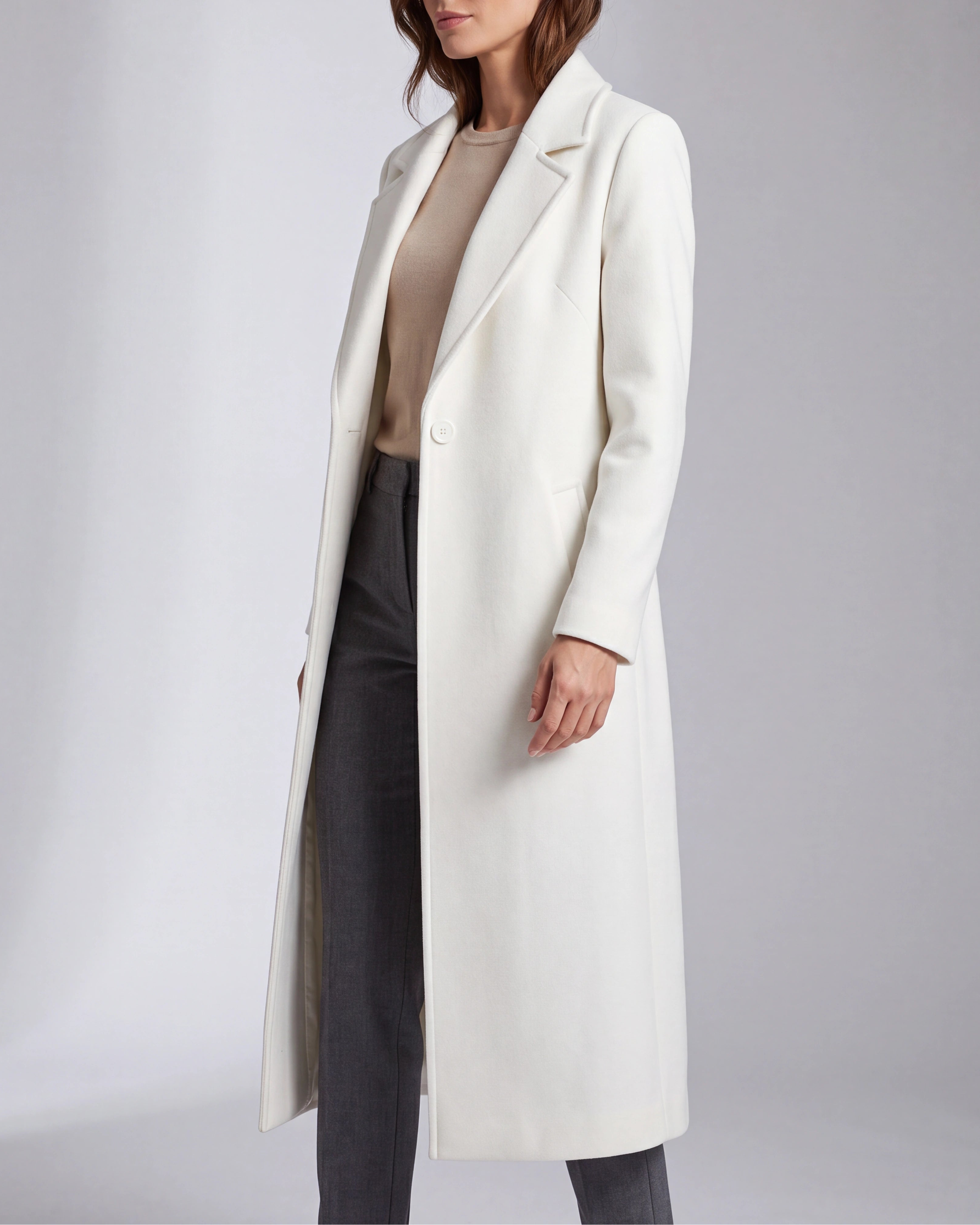 Women's Long Wool Look Coat with Lapel Collar and Button Front