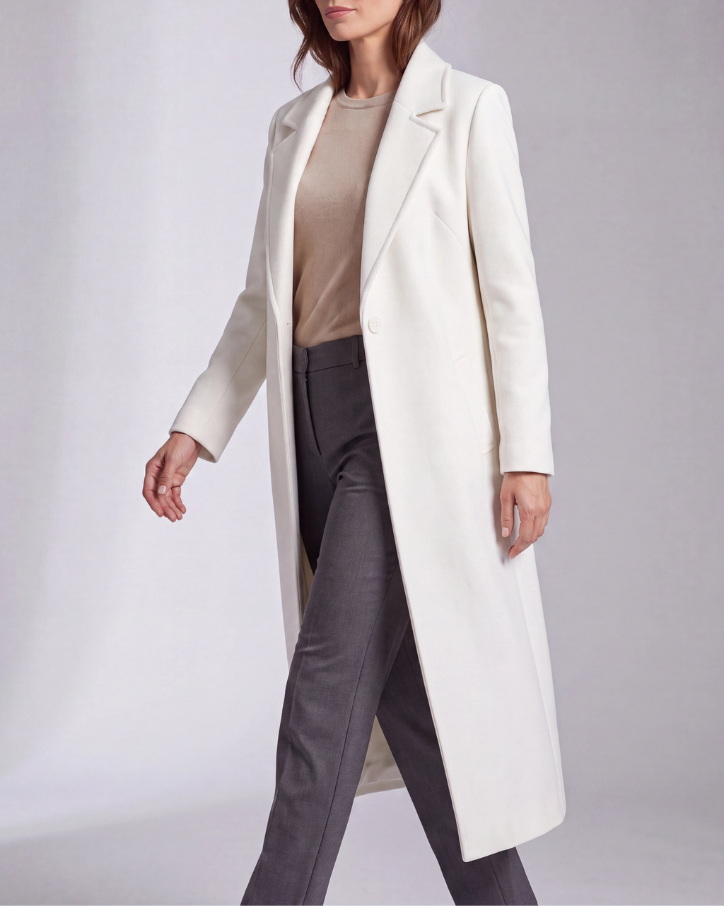 Women's Long Wool Look Coat with Lapel Collar and Button Front