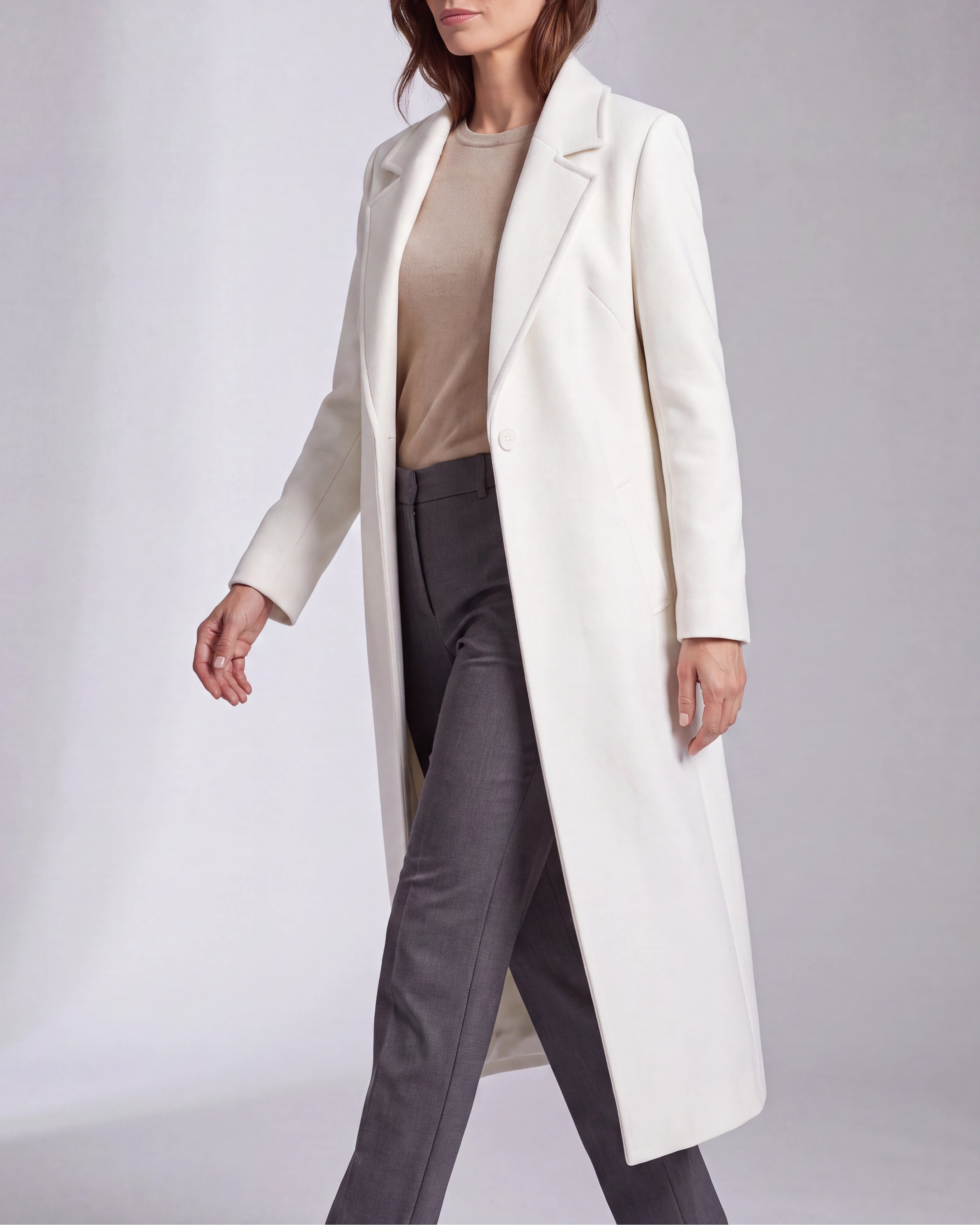 Women's Long Wool Look Coat with Lapel Collar and Button Front